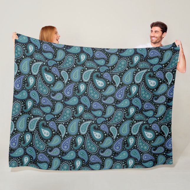 Teal Blue Paisley Blommönster Fleece Blanket (På plats)