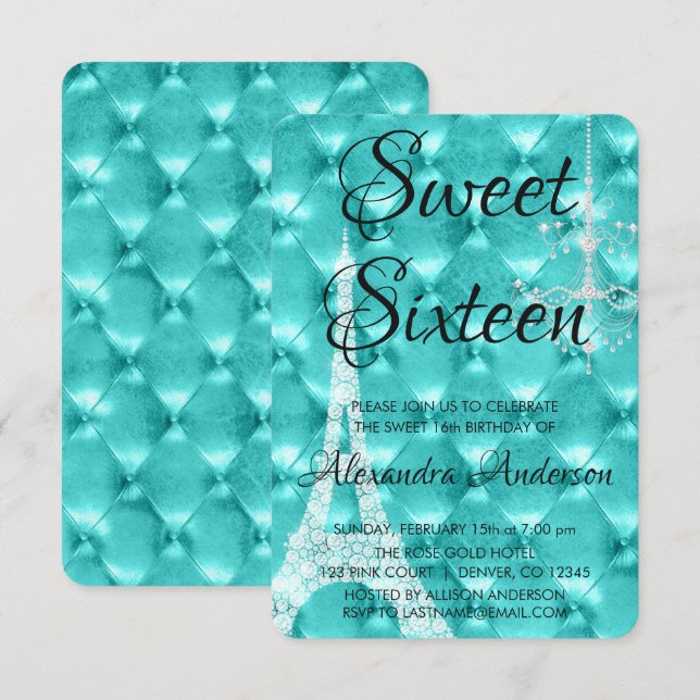 Teal Blue Paris Sweet sixteen Födelsedagsfest Inbjudningar (Fram/baksida)