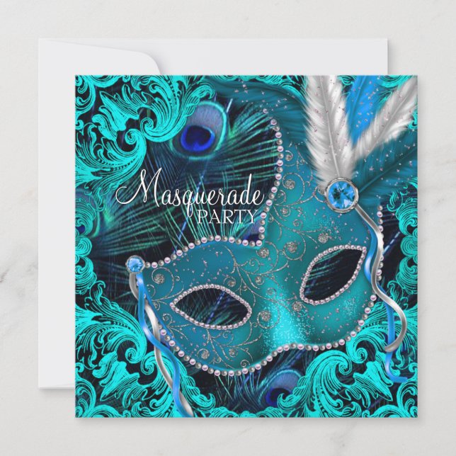Teal Blue Peacock Mask Masquerad Party Inbjudningar (Framsida)