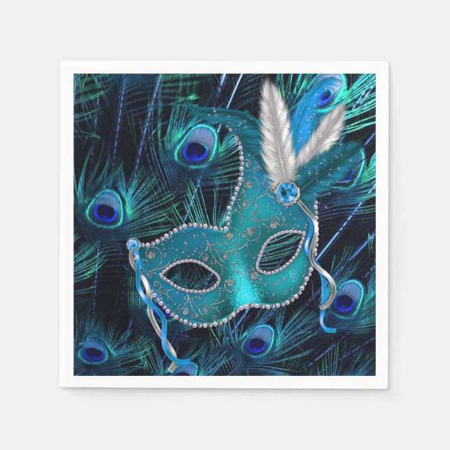 Teal Blue Peacock MasqueraParty Pappersservett (Framsidan)