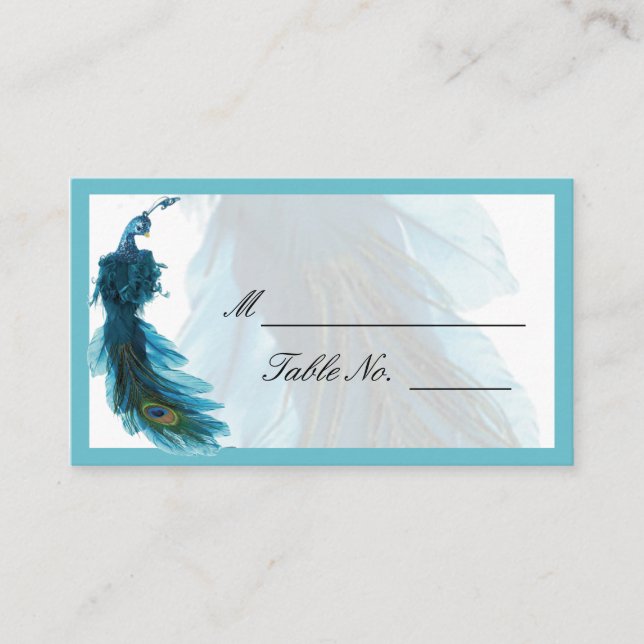 Teal Blue Peacock Plume Bröllop Place Card Placeringskort (Framsida)