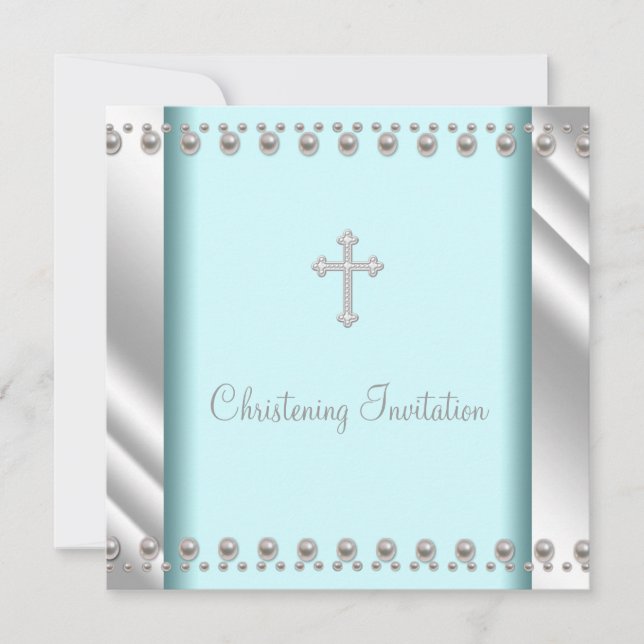 Teal Blue Pearl Kor Baby Baptism Christening Inbjudningar (Framsida)