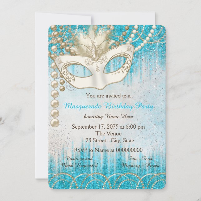 Teal Blue Pearl Watercolor maskerad Party Inbjudningar (Framsida)