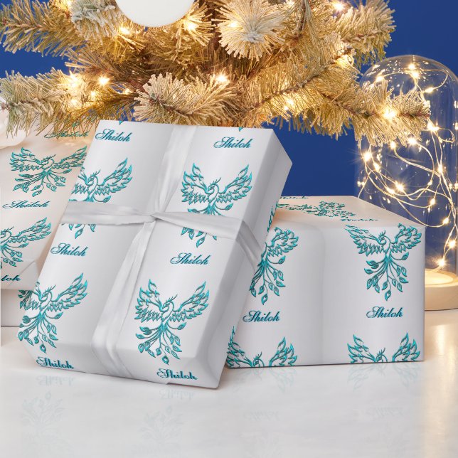 Teal Blue Phoenix med Namn på Silver Personal Presentpapper (Helgdagar)