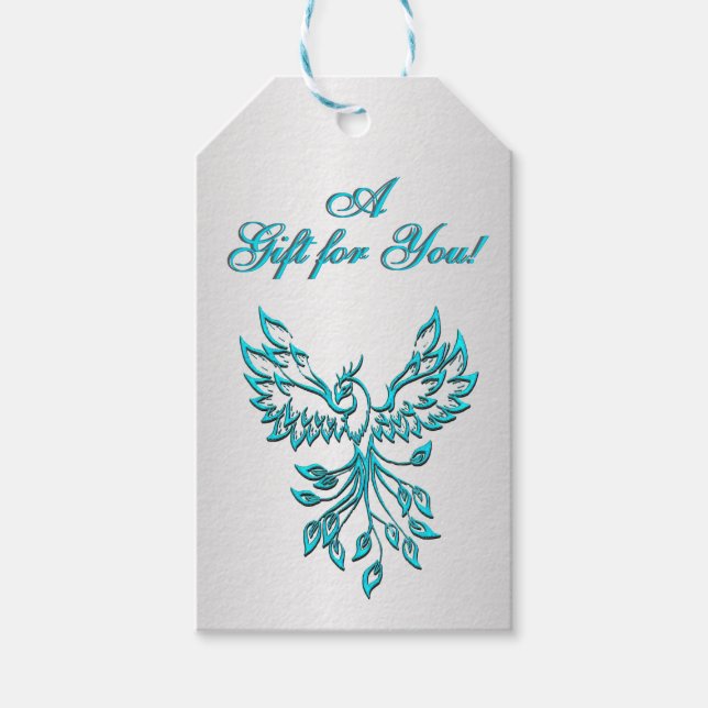 Teal Blue Phoenix med text på Silver Presentetikett (Framsidan)