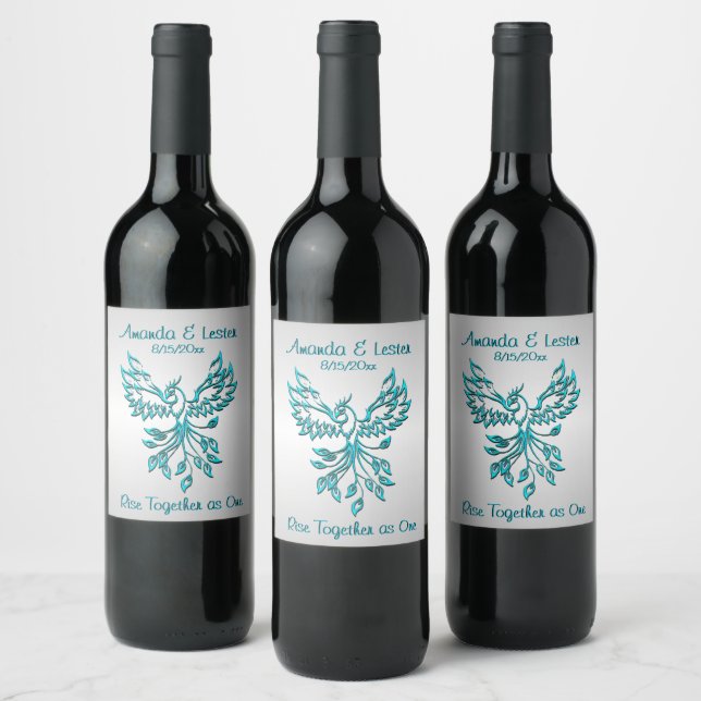 Teal Blue Phoenix Rises on Silver Bröllop par Vinflaska Etikett (Flaskor)