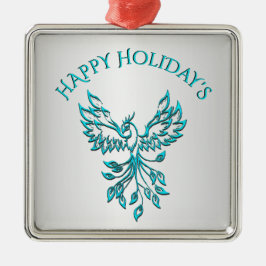 Teal Blue Phoenix Rises på Silver Glad helg Julgransprydnad Metall
