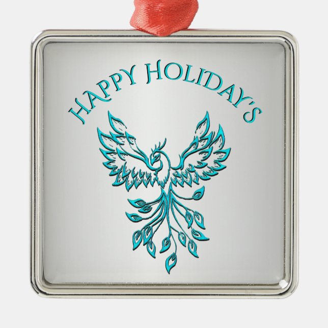 Teal Blue Phoenix Rises på Silver Glad helg Julgransprydnad Metall (Framsidan)