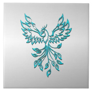 Teal Blue Phoenix Rises på Silver Kakelplatta