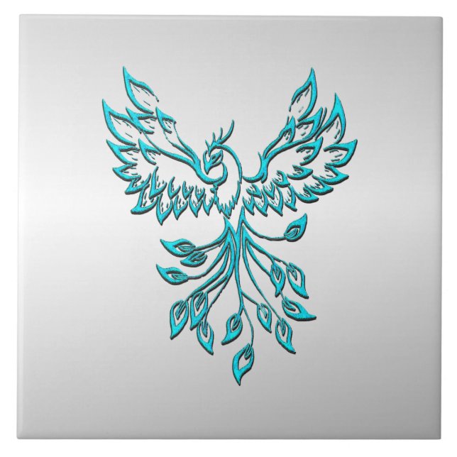Teal Blue Phoenix Rises på Silver Kakelplatta (Framsidan)