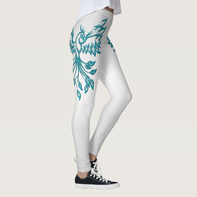 Teal Blue Phoenix Rises på Silver Leggings (Höger)