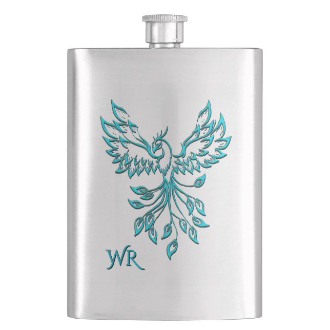Teal Blue Phoenix Rises på Silver Monogram Fickplunta (Framsidan)