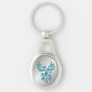Teal Blue Phoenix Rises på Silver Ovalt Silverfärgad Nyckelring