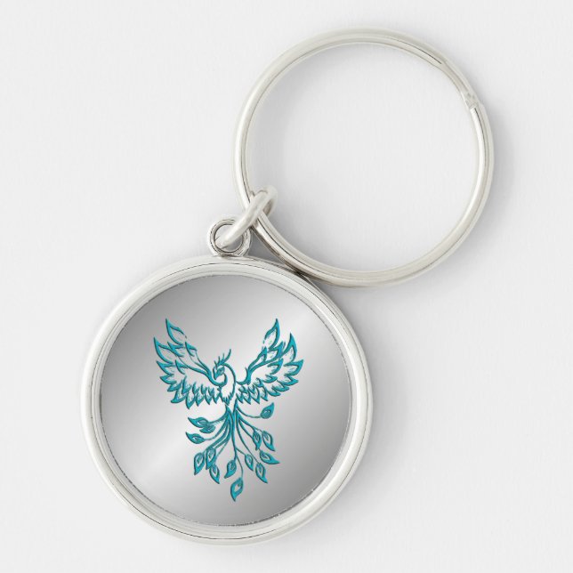 Teal Blue Phoenix Rises på Silver Rund Silverfärgad Nyckelring (Framsidan)