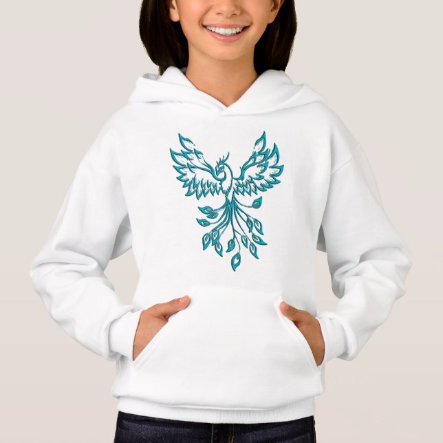 Teal Blue Phoenix Rises på Silver T Shirt (Framsida)