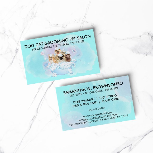 Teal Blue Pink Husdjursvårdare katter hundar Visitkort (pet animal dog cat veterinary farm)