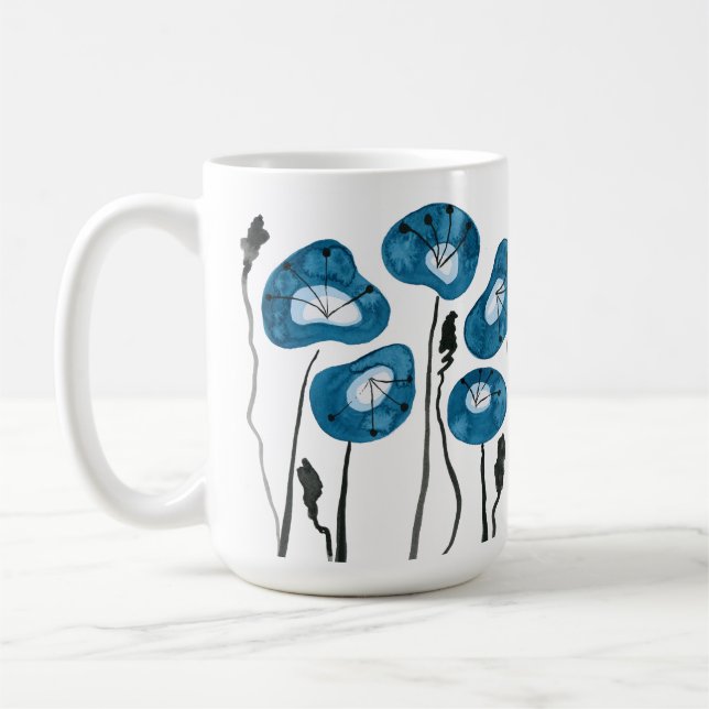 Teal Blue Poppies Watercolor Flowers Tea och Kaffemugg (Vänster)