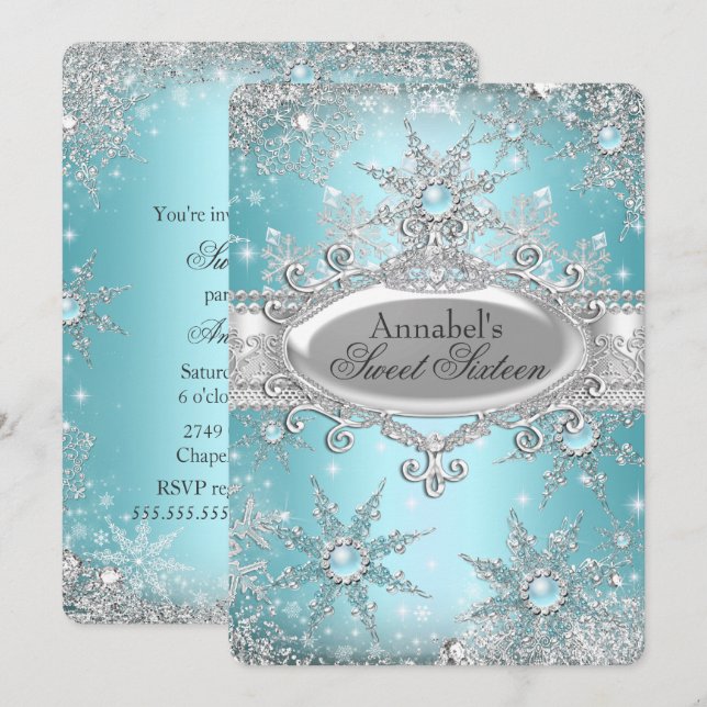 Teal Blue Princess Winter Wonderland Sweet 16 Inbjudningar (Fram/baksida)