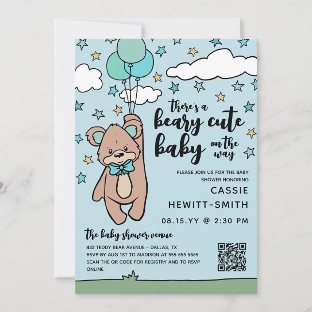 Teal Blue QR Code Beary Cute Boy Shower Inbjudningar (Framsida)