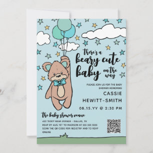 Teal Blue QR Code Beary Cute Boy Shower Inbjudningar