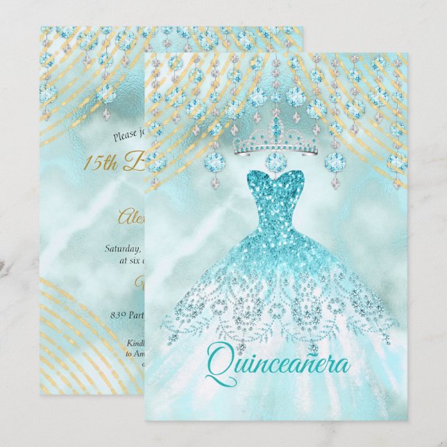 Teal Blue Quinceanera 15:e Födelsedagsfesten Inbjudningar (Fram/baksida)