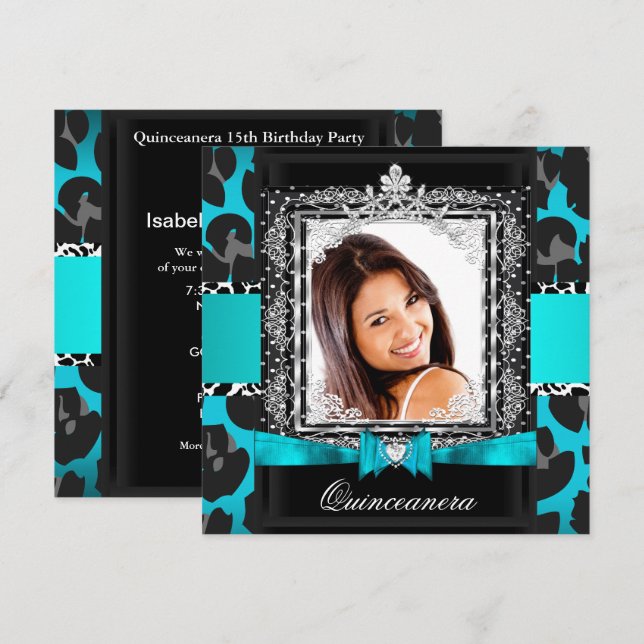 Teal Blue Quinceanera 15:e Party-foto Inbjudningar (Fram/baksida)