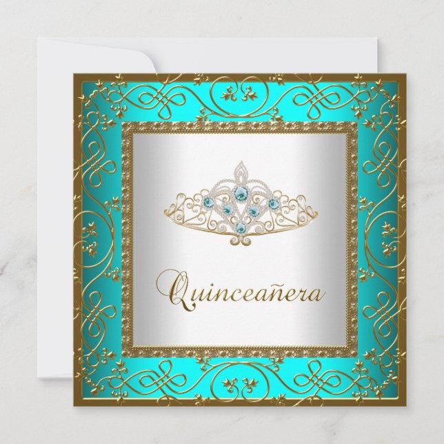 Teal Blue Quinceanera Guld Tiara Inbjudningar (Framsida)