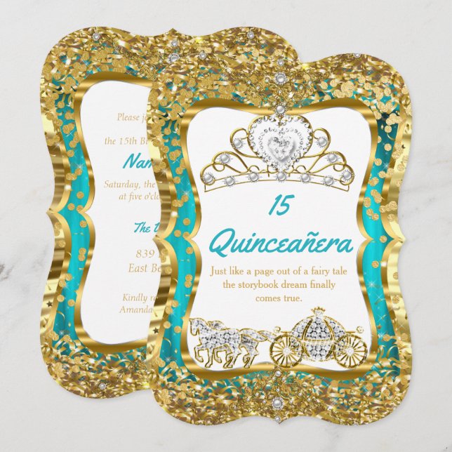 Teal Blue Quinceanera Magic Tiara Guld 2 Inbjudningar (Fram/baksida)