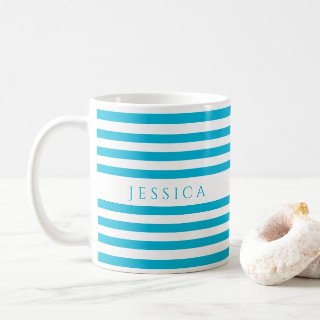 Teal Blue Rand Mönster Namn Kaffemugg (Med munk)