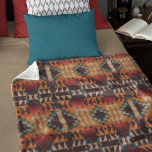Teal Blue Red Brown Orange Tribal Art Mönster Fleecefilt