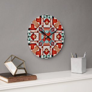 Teal Blue Red Rust Terra Cotta Tribal Art Mönster Stor Klocka
