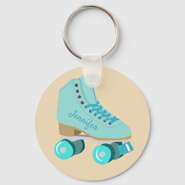 Teal Blue Retro Quad Roller Skate Personlig Nyckelring (Framsida)