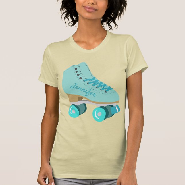 Teal Blue Retro Quad Roller Skate Personlig T Shirt (Framsida)