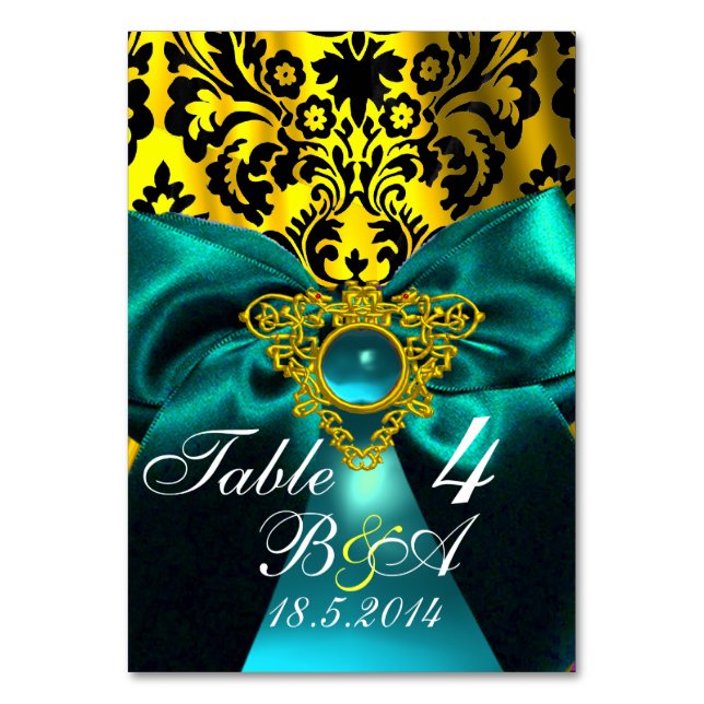 TEAL BLUE RIBBON GULD CELTIC HEART DAMASK MONOGRAM BORDSNUMMER (Framsidan)