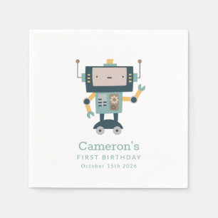 Teal Blue Robot Gears Simple 1st Birthday Pappersservett