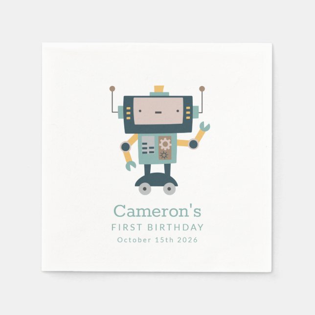 Teal Blue Robot Gears Simple 1st Birthday Pappersservett (Framsidan)