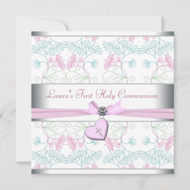 Teal Blue Rosa Heart White Rosa Kor First Commun Inbjudningar (Framsida)