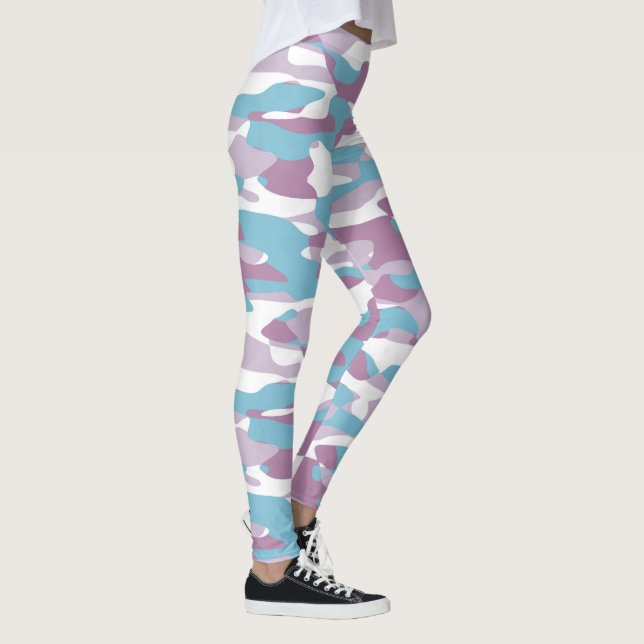 Teal Blue Rosa Lila White Camouflage Mönster Leggings (Höger)