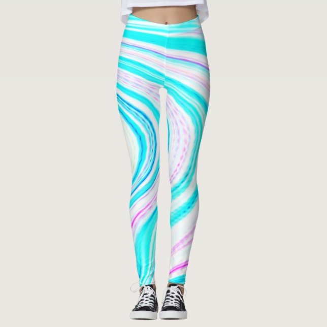 Teal Blue Rosa Vågar Abstrakt Modern Art Cute Leggings (Framsida)