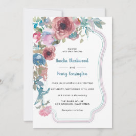 Teal Blue & Rosa Watercolor Blommigt Bröllop Inbjudningar