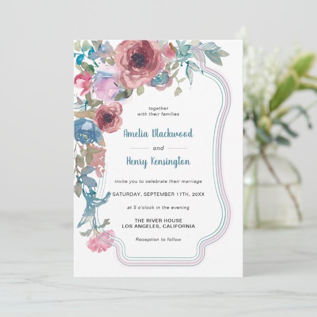 Teal Blue & Rosa Watercolor Blommigt Bröllop Inbjudningar (Stående Fram)
