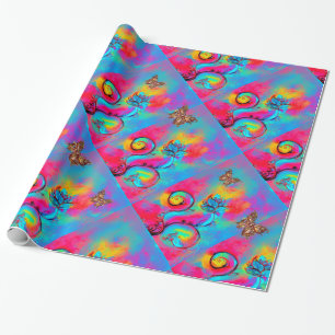 TEAL BLUE ROSA WHIMSICAL FLOWERS,GULD BUTTERFLIS PRESENTPAPPER