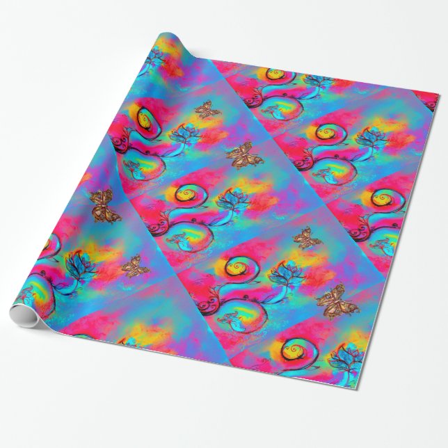 TEAL BLUE ROSA WHIMSICAL FLOWERS,GULD BUTTERFLIS PRESENTPAPPER (Utrullad)