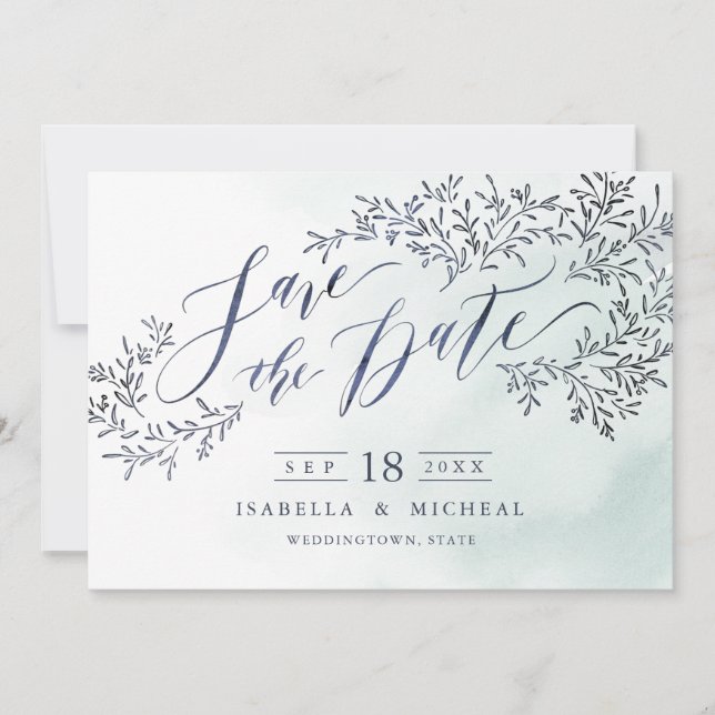 Teal Blue Rustic blommigt calligraphy save date Spara Datumet (Framsida)