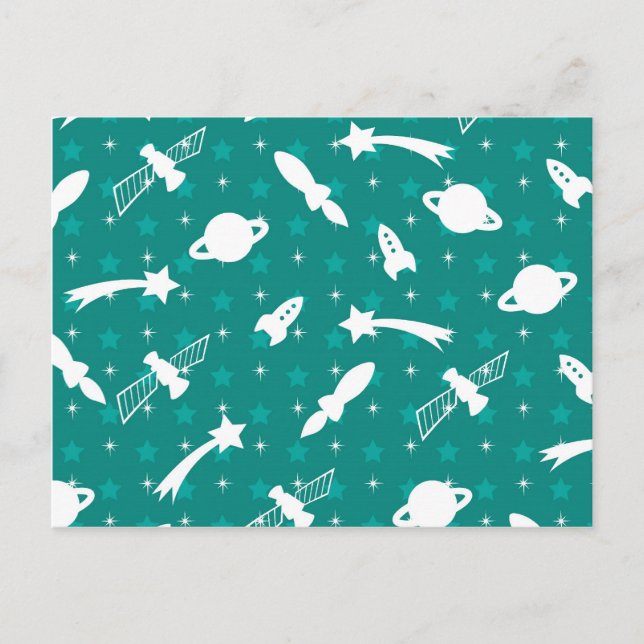 Teal Blue Rymden Astronaut Planets Stars Vykort (Framsida)