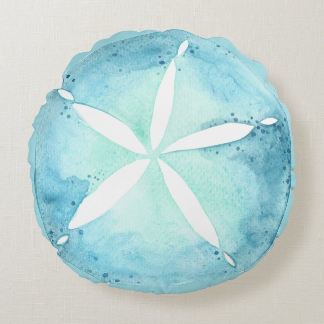 Teal Blue Sand Dollar Nautical Coastal Round Pillo Rund Kudde (Framsidan)