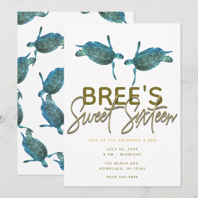 Teal Blue Sea Turtles Beach Guld Sweet 16 Party Inbjudningar (Fram/baksida)
