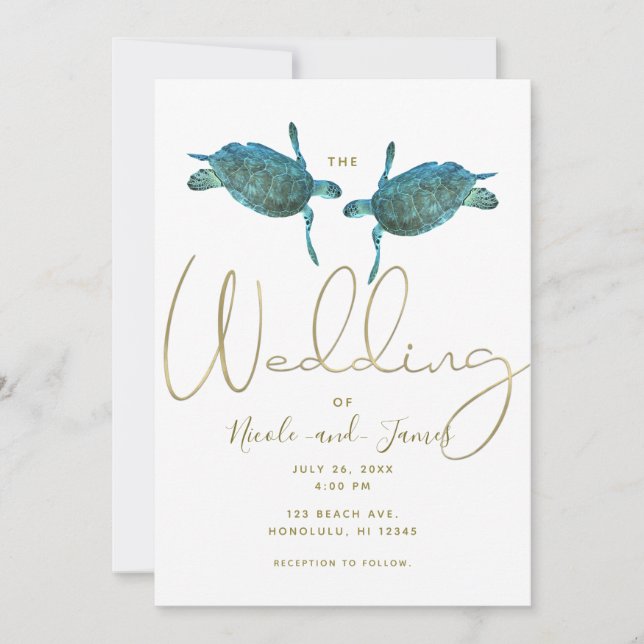 Teal Blue Sea Turtles Elegant Guld Beach Wedding Inbjudningar (Framsida)