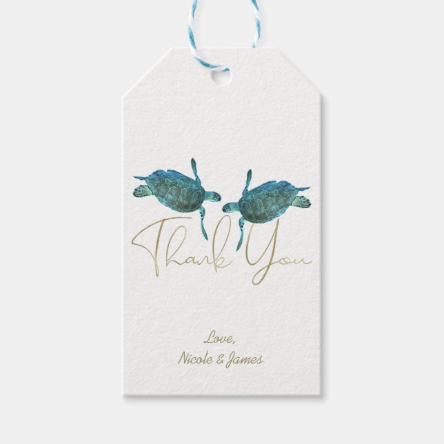 Teal Blue Sea Turtles Elegant Guld Beach Wedding Presentetikett (Framsidan)