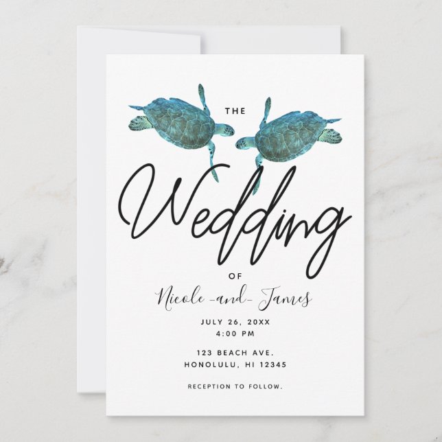 Teal Blue Sea Turtles Ocean Elegant Beach Wedding Inbjudningar (Framsida)